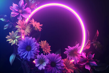 3d render. Neon hoop or circle in the tropical flowers and leafs.. Floral foliage nature in vibrant neon colors. - obrazy, fototapety, plakaty