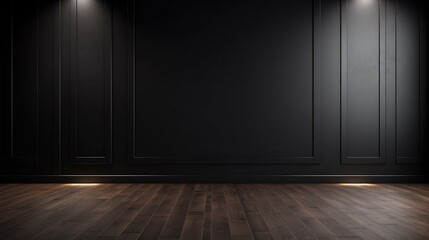 wood floor with dark black wall for present product, Generative Ai - obrazy, fototapety, plakaty