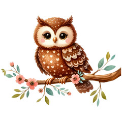 Fototapeta premium Watercolor Owl Perching On A Tree Branch
