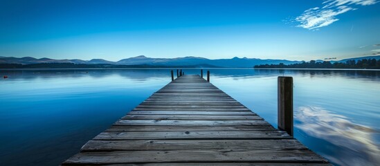 Wooden jetty on a lake at sunset with mountains in the background