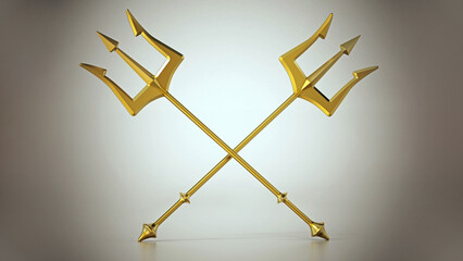 Crossed gold tridents on reflective surface. 3D illustration - obrazy, fototapety, plakaty
