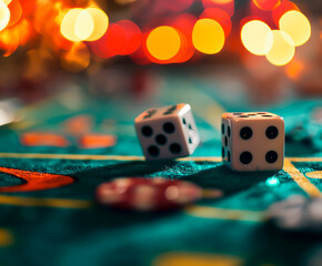 Dice on casino table with colorful bokeh, gambling background. Shallow field of view.
