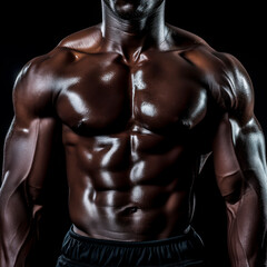 Fototapeta premium Close-up of a muscular bodybuilder's torso, highlighting fitness and strength. Isolated on black background.