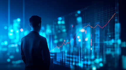 Silhouette of a person analyzing futuristic financial graph on cityscape background.
 - obrazy, fototapety, plakaty