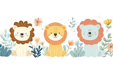 Fototapeta premium Very childish cute kawaii lion clipart vector, organic forms with desaturated light and airy pastel color palette. Great as nursery art with white background.
