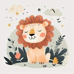 Obraz na płótnie Canvas Very childish cute kawaii lion clipart vector, organic forms with desaturated light and airy pastel color palette. Great as nursery art with white background.