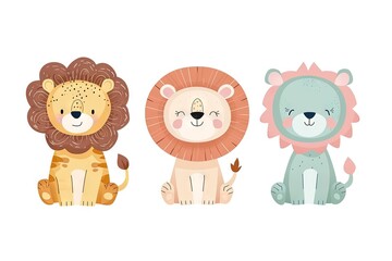Obraz premium Very childish cute kawaii lion clipart vector, organic forms with desaturated light and airy pastel color palette. Great as nursery art with white background.