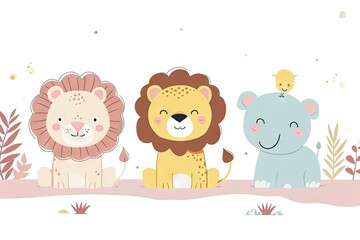Obraz premium Very childish cute kawaii lion clipart vector, organic forms with desaturated light and airy pastel color palette. Great as nursery art with white background.