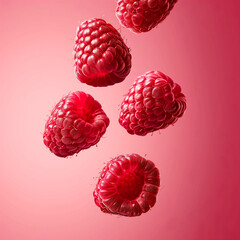 Fresh ripe raspberries on light pink background.  Falling or flying raspberry. Hyperrealistic fruit Illustration.