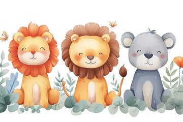 Obraz na płótnie Canvas Very childish cute kawaii lion clipart vector, organic forms with desaturated light and airy pastel color palette. Great as nursery art with white background.