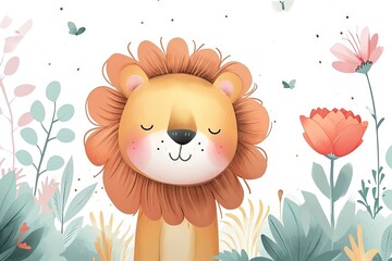 Obraz premium Very childish vintage cartoon cute and charming kawaii lion clipart vector, organic forms with desaturated light and airy pastel color palette. Great as nursery art with white background.