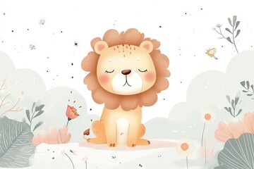 Obraz na płótnie Canvas Very childish vintage cartoon cute and charming kawaii lion clipart vector, organic forms with desaturated light and airy pastel color palette. Great as nursery art with white background.
