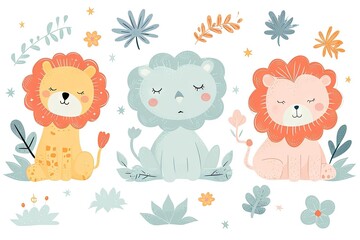 Naklejka premium Very childish vintage cartoon cute and charming kawaii lion clipart vector, organic forms with desaturated light and airy pastel color palette. Great as nursery art with white background.