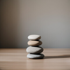 Fototapeta na wymiar Spa, balance, meditation and zen minimal modern concept. Stack of stone pebbles against beige wall