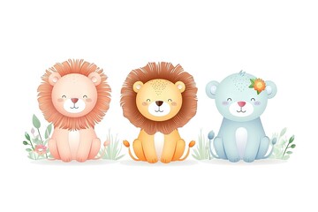 Naklejka premium Very childish vintage cartoon cute and charming kawaii lion clipart vector, organic forms with desaturated light and airy pastel color palette. Great as nursery art with white background.