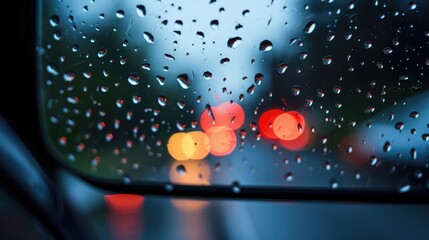 Car mirror in rainy day serenity. Abstract raindrops on window. Lonely day - obrazy, fototapety, plakaty