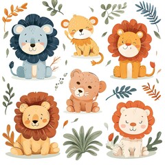 Fototapeta premium Very childish vintage cartoon cute and charming kawaii lion clipart vector, organic forms with desaturated light and airy pastel color palette. Great as nursery art with white background.