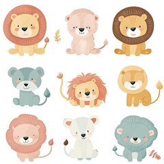 Very childish vintage cartoon cute and charming kawaii lion clipart vector, organic forms with desaturated light and airy pastel color palette. Great as nursery art with white background.