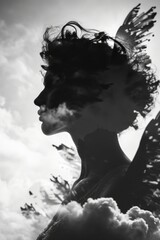 silhouette  of a woman with wings in double exposure with clouds