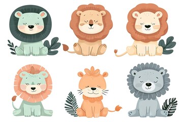 Very childish vintage cartoon cute and charming kawaii lion clipart vector, organic forms with desaturated light and airy pastel color palette. Great as nursery art with white background.