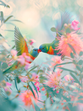 Dreamy parrot wallpaper, mural wall, surface pattern. Tropical exotic pattern featuring two rainbow lorikeets surrounded by pink bottlebrush flowers in soft pastel colors Travel banner with copy space