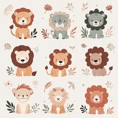 Fotobehang Schattige dieren set Very childish watercolor vintage cartoon cute and charming kawaii lion clipart vector, organic forms with desaturated light and airy pastel color palette. Great as nursery art with white background.