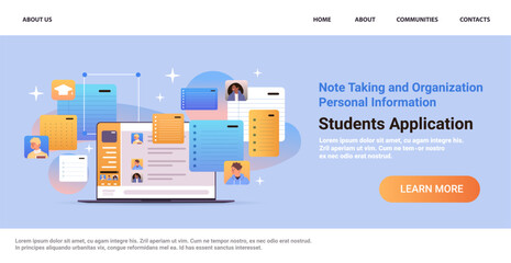 mix race students group taking notes and organizing personal information on laptop screen virtual conference education day e-learning