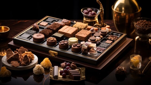An atmospheric image featuring a selection of C?'te d'Or chocolate pralinesemphasizing the exquisite craftsmanship and the assortment of fillingscreating a visually stunning and tempting display.