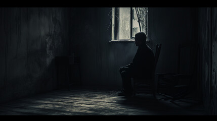 Dark, black room with open window, Alone man sitting in chair  - obrazy, fototapety, plakaty