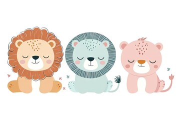 Obraz premium Very childish watercolor vintage cartoon cute and charming kawaii lion clipart vector, organic forms with desaturated light and airy pastel color palette. Great as nursery art with white background.