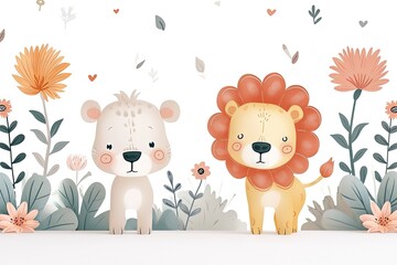 Obraz na płótnie Canvas Very childish watercolor vintage cartoon cute and charming kawaii lion clipart vector, organic forms with desaturated light and airy pastel color palette. Great as nursery art with white background.