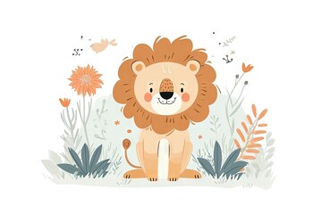 Very childish watercolor vintage cartoon cute and charming kawaii lion clipart vector, organic forms with desaturated light and airy pastel color palette. Great as nursery art with white background.