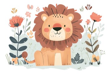 Very childish watercolor vintage cartoon cute and charming kawaii lion clipart vector, organic forms with desaturated light and airy pastel color palette. Great as nursery art with white background.