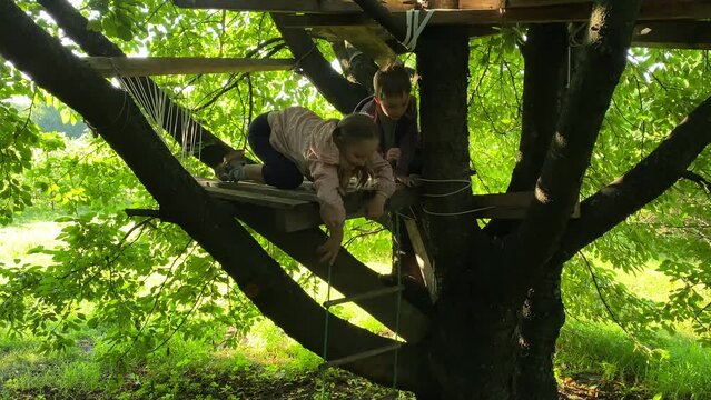 The joy of childhood by spending leisure time together in a summer treehouse outdoors. Carefree kids and father play in a treetop play area, creating cherished family memories at the great outdoors