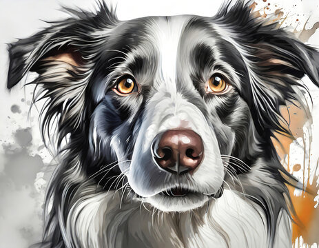 Close up of border collie head in acrylic paint drawing style
