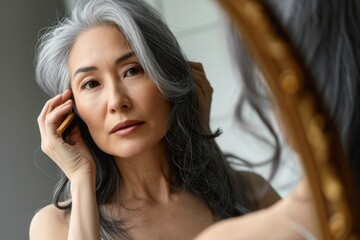 Obraz premium Senior attractive middle 50 years aged asian woman with gray hair looking at mirror reflection combing tangled gray hair. Alopecia hair loss prevention treatment after menopause, Generative AI