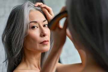 Fototapeta premium Senior attractive middle 50 years aged asian woman with gray hair looking at mirror reflection combing tangled gray hair. Alopecia hair loss prevention treatment after menopause, Generative AI