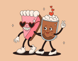 Valentine's Day set of funny vintage characters. Happy and cheerful retro. Old animation 60s 70s, groovy cartoon characters of coffee and sweets, donut, cupcake, espresso, latte, cocoa, cake. present.