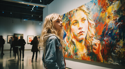 Blonde teenager in museum of arts