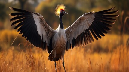 A pair of Grey Crowned Cranes engaged in a graceful courtship dance, their outstretched wings and synchronized movements a mesmerizing display. - obrazy, fototapety, plakaty