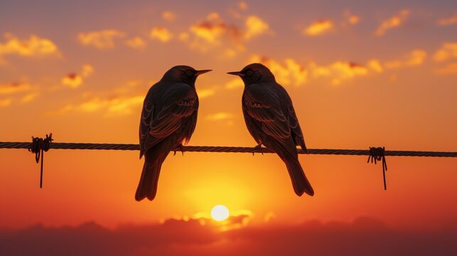A pair of Common Starlings perched on a wire, their sleek forms silhouetted against the setting sun, a harmonious moment in the day's end.