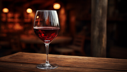 glass of red wine on a wooden tabletop close-up with blurred background.