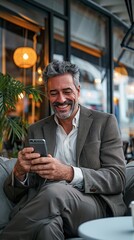 Happy smiling relaxed mid aged business man, mature professional businessman entrepreneur sitting in outdoor cafe holding smartphone using mobile phone digital technology apps, Generative AI 
