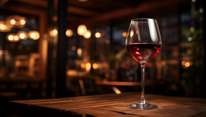 glass of red wine on a wooden table with space for design.