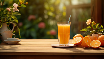 Obraz na płótnie Canvas glass of fresh orange juice on a wooden tabletop with oranges.