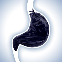3D illustration of a stomach-shaped garbage bag can be compared to the stomach of a person who eats dirty, poor quality food. Used in medicine in advertising and commerce