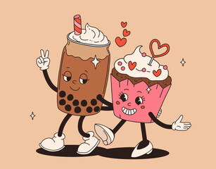 Valentine's Day set of funny vintage characters. Happy and cheerful retro. Old animation 60s 70s, groovy cartoon characters of coffee and sweets, donut, cupcake, espresso, latte, cocoa, cake. present.