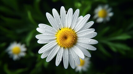 A pristine white daisy captured in exquisite detail, its yellow center a focal point for a hummingbird in mid-flight.