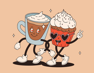 Valentine's Day set of funny vintage characters. Happy and cheerful retro. Old animation 60s 70s, groovy cartoon characters of coffee and sweets, donut, cupcake, espresso, latte, cocoa, cake. present.