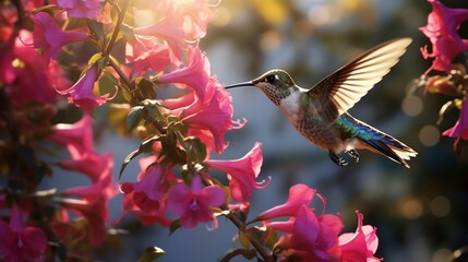 A sunlit cluster of pink bougainvillea blooms, their papery petals a vivid backdrop for a hummingbird engaged in a feast.